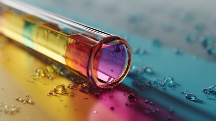 Close-up of a glass tube filled with vibrant colored liquid, with water droplets around. A science lab concept