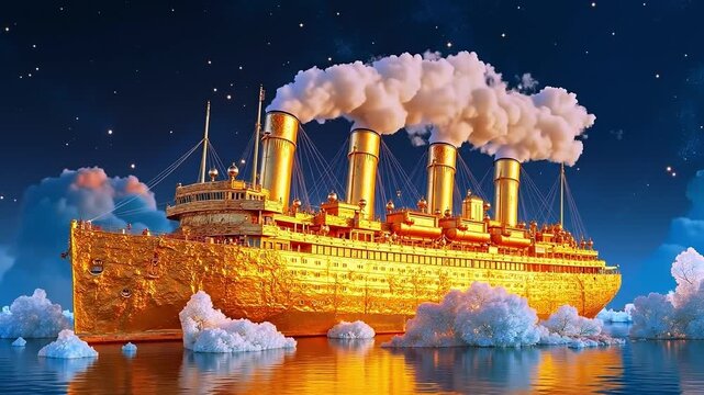 A large ship floating on top of a body of water surrounded by ice