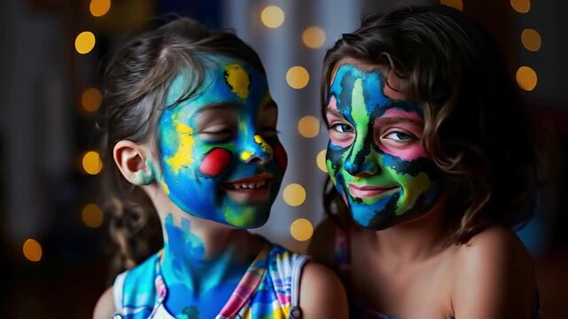 Two young girls with face paint on their faces