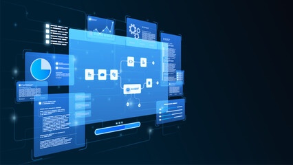 AI workflow automation artificial intelligence. ai agent network diagram dashboard system processing flow with automation pipelines, analytics dashboards, code modules and automation system.