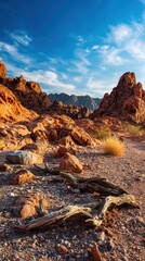 Rugged Desert Landscape with Rocky Terrain Against a Blue Sky and Distant Mountains in the Valley of Fire State Park Nevada