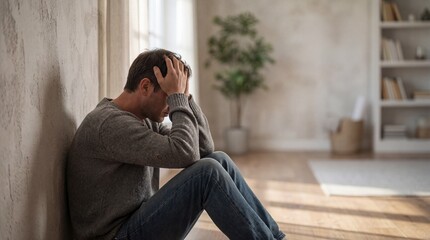 A man sits on the floor, head in hands, feeling depressed.