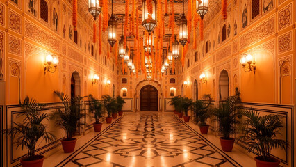 Obraz premium A luxurious and ornate hallway with intricate designs and potted plants