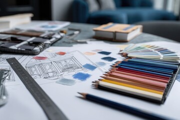 Fototapeta premium Interior design planning scene, sketches, colors, tools, & a blurred blue sofa in the background