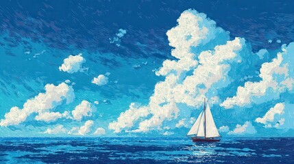 Serene Pixel Art of Sailboat Drifting on a Deep Blue Ocean under an Overcast Sky Filled with Fluffy White Clouds with Detailed Reflections