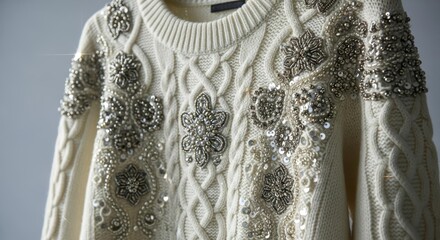 Close up of an Elegant White Cable Knit Sweater with Sparkling Beaded Embellishments