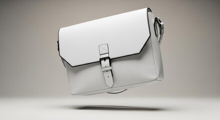 Sleek White Messenger Bag with Black Trim Floating in Studio