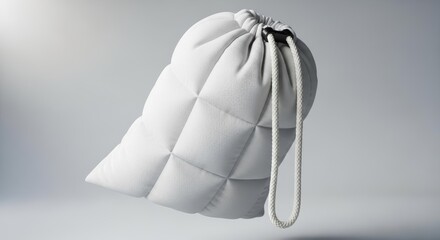 White Quilted Drawstring Bag Floating Against a Minimalist Grey Background