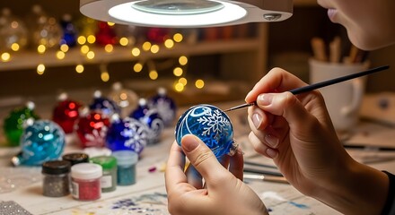 Woman Hand Painting a Blue Christmas Ornament with Snowflake Design