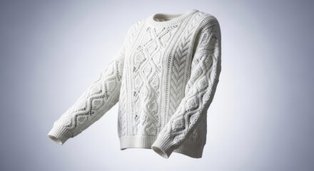 White Cable Knit Sweater with Intricate Pattern Against Gradient Background