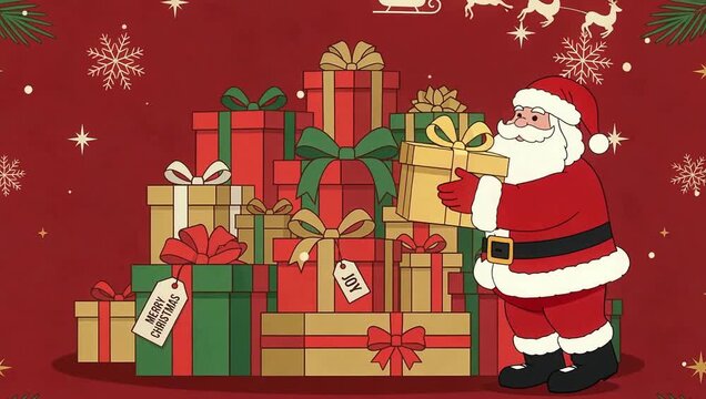 Santa claus with gifts. Gift boxes on a red festive background. Christmas animation, Santa Claus carries a box of gifts. 