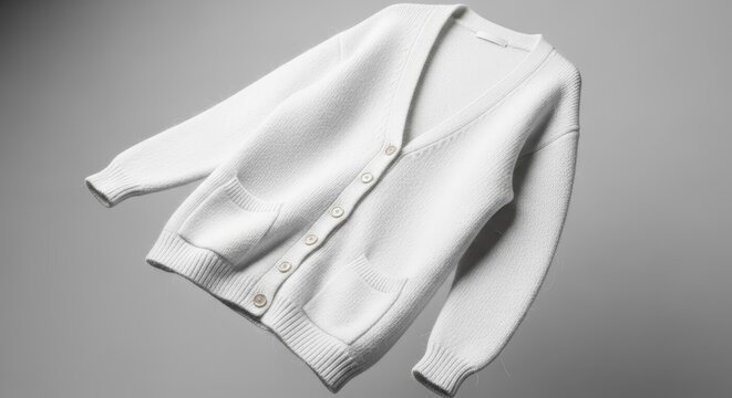 Cozy White Knitted Cardigan with Buttons and Pockets on Grey Background