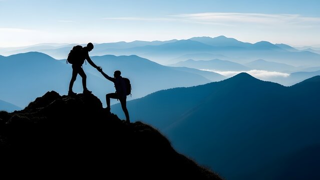 Silhouette of two hikers helping each other on a mountain peak. Leadership and teamwork. One man reaching down to pull another person up a rocky cliff against blue mountains