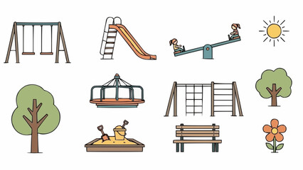 Collection of cartoon playground equipment and elements.