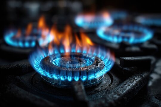 Blue flames erupting from gas stove burners, showcasing vibrant fire and intricate details of the cooking surface, emphasizing energy and warmth in a kitchen environment