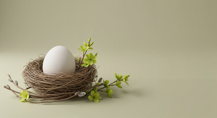 White egg in nest with green leaves on soft neutral background  