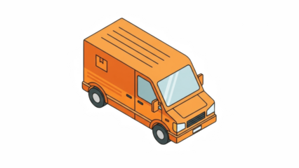 Bright orange delivery cargo van isometric illustration, medium commercial panel vehicle with parcel symbol and sliding door, urban courier, postal and parcel shipping logistics transport graphic for 