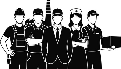 Group of professionals in various uniforms and business attire