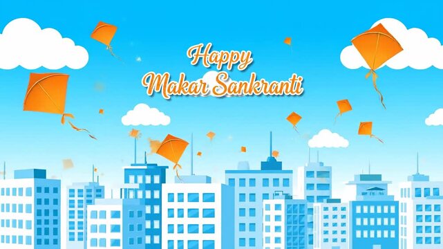 Happy Makar Sankranti Celebration Cityscape Kites Festival Background