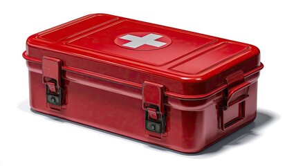 A red first aid kit with white cross, latches, and slight wear on a white surface