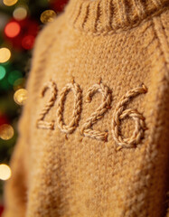 Hand-stitched 2026 detail on cozy wool knit sweater with blurred festive New Year lights, winter comfort concept, handmade craftsmanship and high-texture fabric aesthetic