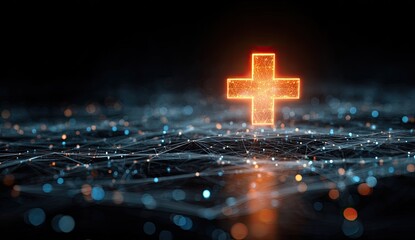 Glowing digital cross floats above a network of interconnected points on dark background