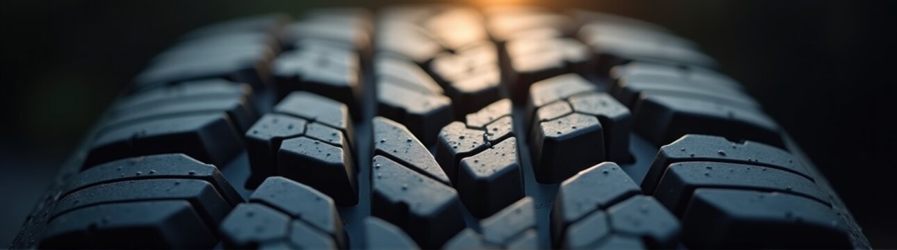 Tire tread with water drops on it in the dark