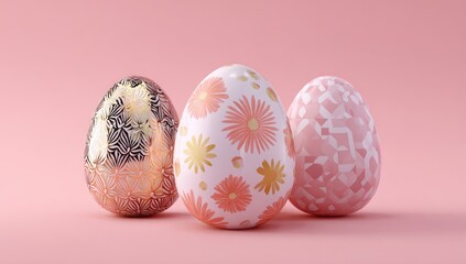 Three ornately decorated eggs in various patterns and colors sit on a soft pink background