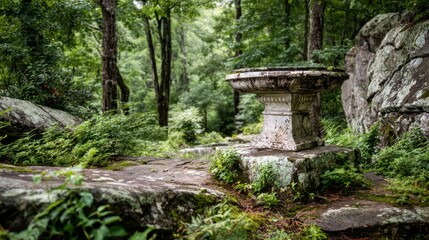 A weathered stone table rests on a rocky outcrop in a lush, green forest with tall trees and dense foliage