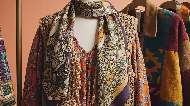 A mannequin showcases a vibrant patterned dress, a macrame vest with fringe, and an elaborately printed silk scarf, alongside a collection of other colorful, artisan-inspired textile garments