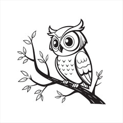 Owl perched on branch line art wildlife vector illustration