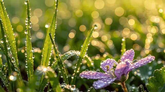 Sparkling Spiderweb dew sparkle spring A delicate spiderweb intricately woven with countless tiny dew droplets, transforming into a shimmering, jewel like curtain as sunlight hits each facet.
