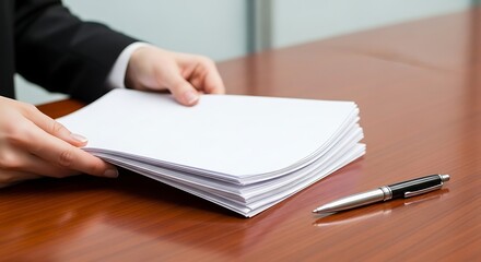 Businessperson handling a stack of documents on a wooden table