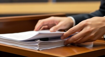 Businessperson Reviewing Documents on a Wooden Desk