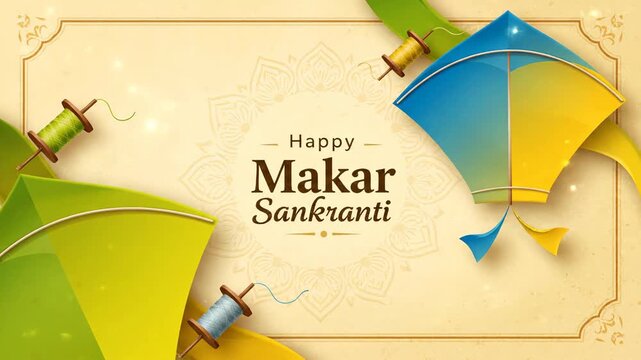 Happy Makar Sankranti Festival Greeting Card with Kites and Spools