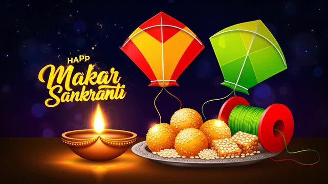 Makar Sankranti Festival Kites Sweets Diya Dark Background