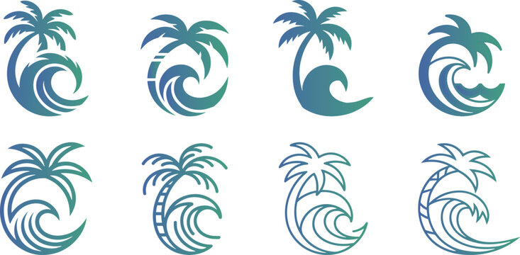 Collection of Surfing paradise summer beach logo style, surfing palm tree minimalist vector, simple linear style, logo concept,
