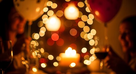 Celebration with balloons, candles, and warm lighting at night