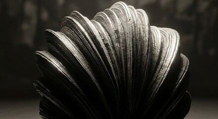 Close-up of a black and white seashell with intricate ridges