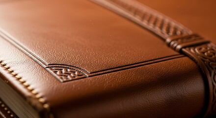 Close-up of a brown leather-bound book with decorative embossing and stitching