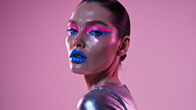 Young female model posing against a soft pink background with bold, glossy blue lipstick and vibrant pink and blue graphic eyeliner, ideal for high fashion beauty campaigns, artistic makeup tutorials
