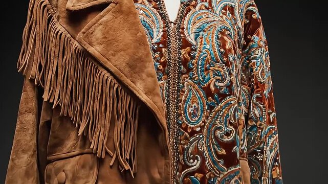 Close-up of a rustic brown fringed suede jacket alongside an intricately embroidered velvet jacket with vibrant paisley patterns, ideal for fashion design, textile art, or vintage clothing catalogs.