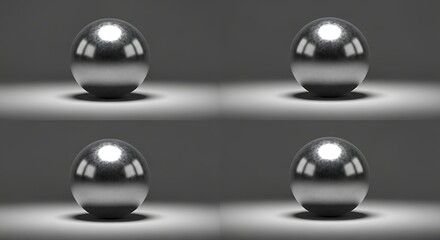 Four metallic spheres on a reflective surface with shadows and reflections