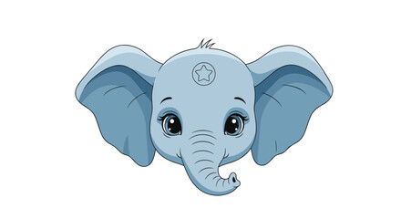 Fototapeta premium Close up illustration of a cute blue baby elephant head with large ears and a small star symbol on its forehead.