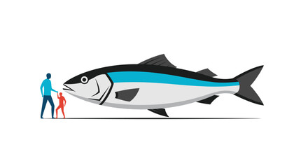 Large blue and white fish swimming towards a small silhouette of a father and child, creating a sense of wonder and vast scale.