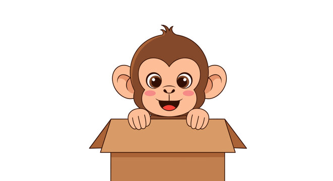 Cheerful brown monkey with large ears peeking out from an open cardboard box with a happy and curious expression.