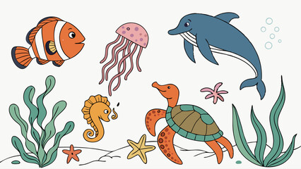 Naklejka premium Cute Cartoon Sea Life Vector Set Underwater Ocean Animals Illustration Dolphin Turtle Clownfish Seahorse Kids Education Design