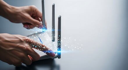 Futuristic Wireless Router with Digital Network Overlay