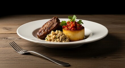 Gourmet plated meal with steak, rice, and vegetable medley