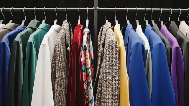 A close-up view of various colorful shirts, blouses, and jackets hanging neatly on a clothing rack in a boutique or closet, ideal for fashion retail, shopping, and wardrobe organization concepts.